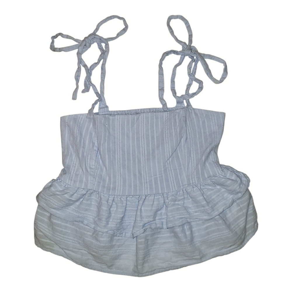 Lost+Wander Shoulder Ties Cropped Ruffled Top Blue Striped Womens size S Cottage